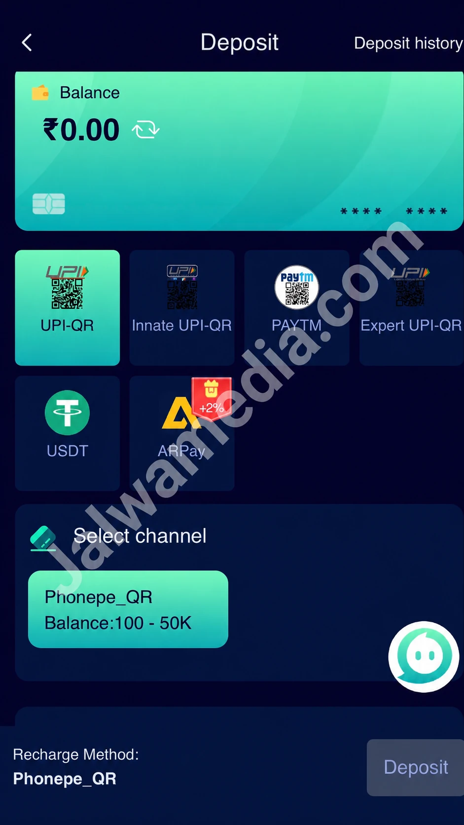Jalwa Game deposit screen with UPI-QR, PhonePe, Paytm, USDT and ARPay payment options