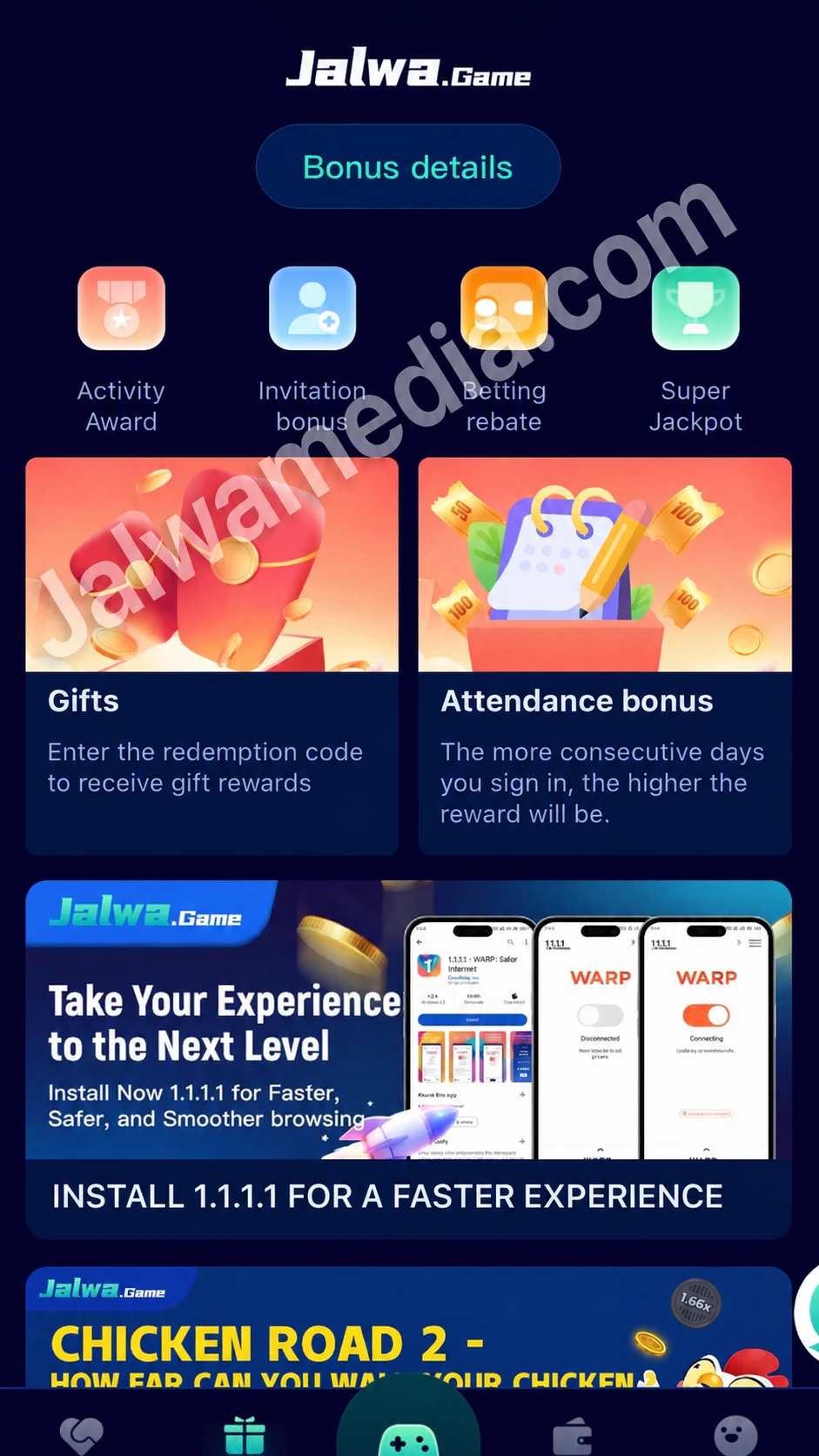 Jalwa Game attendance bonus rewards rising from 5 rupees on day one to 7000 rupees on day seven